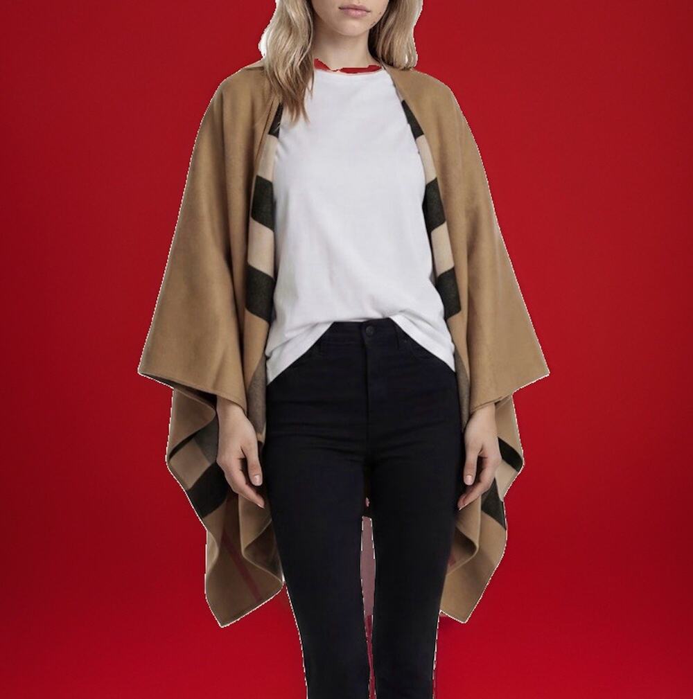 NEW! Burberry Beige REVERSIBLE Check Merino Wool Cape/ $1,090